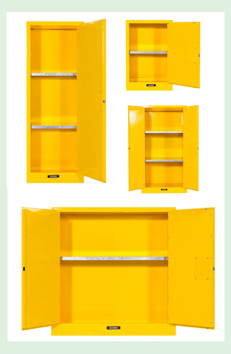 BOKA LAB flammable safety cabinet product description, detailing dimensions (H890W590D460mm), 1-1.5mm thickness, cold rolled steel material, and certifications like ISO9001 and CE.