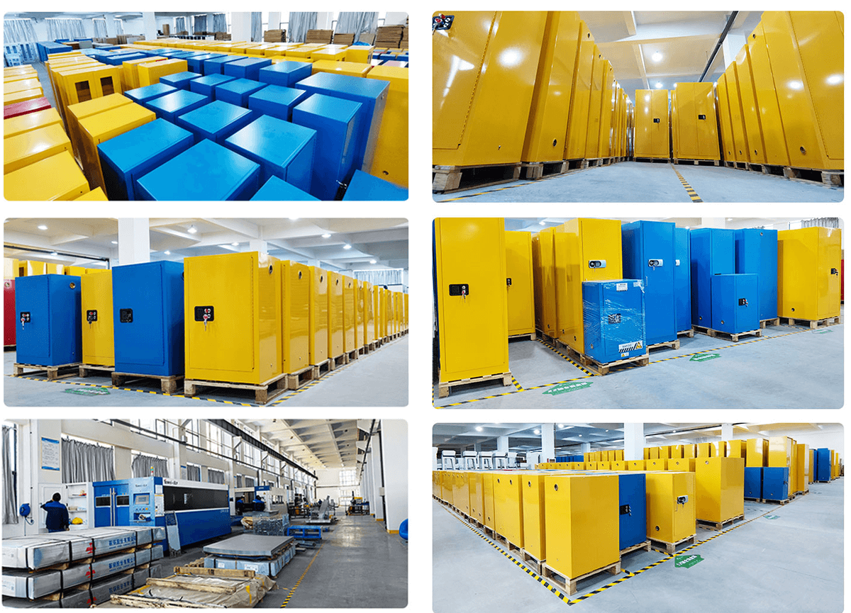 Multiple yellow and blue Drum Storage Cabinets in a warehouse